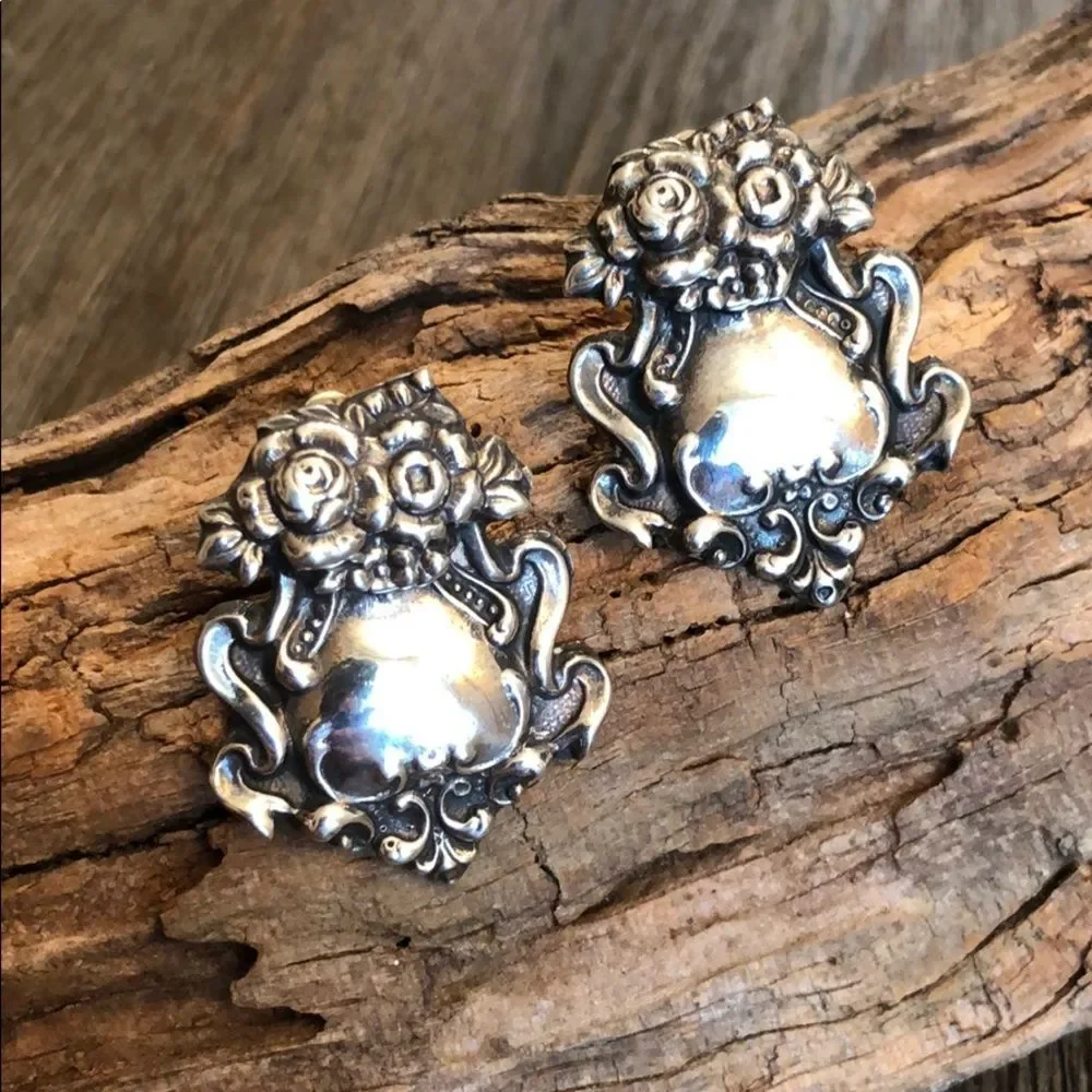 Sterling Silver Repousse Clip Earrings Baroque
